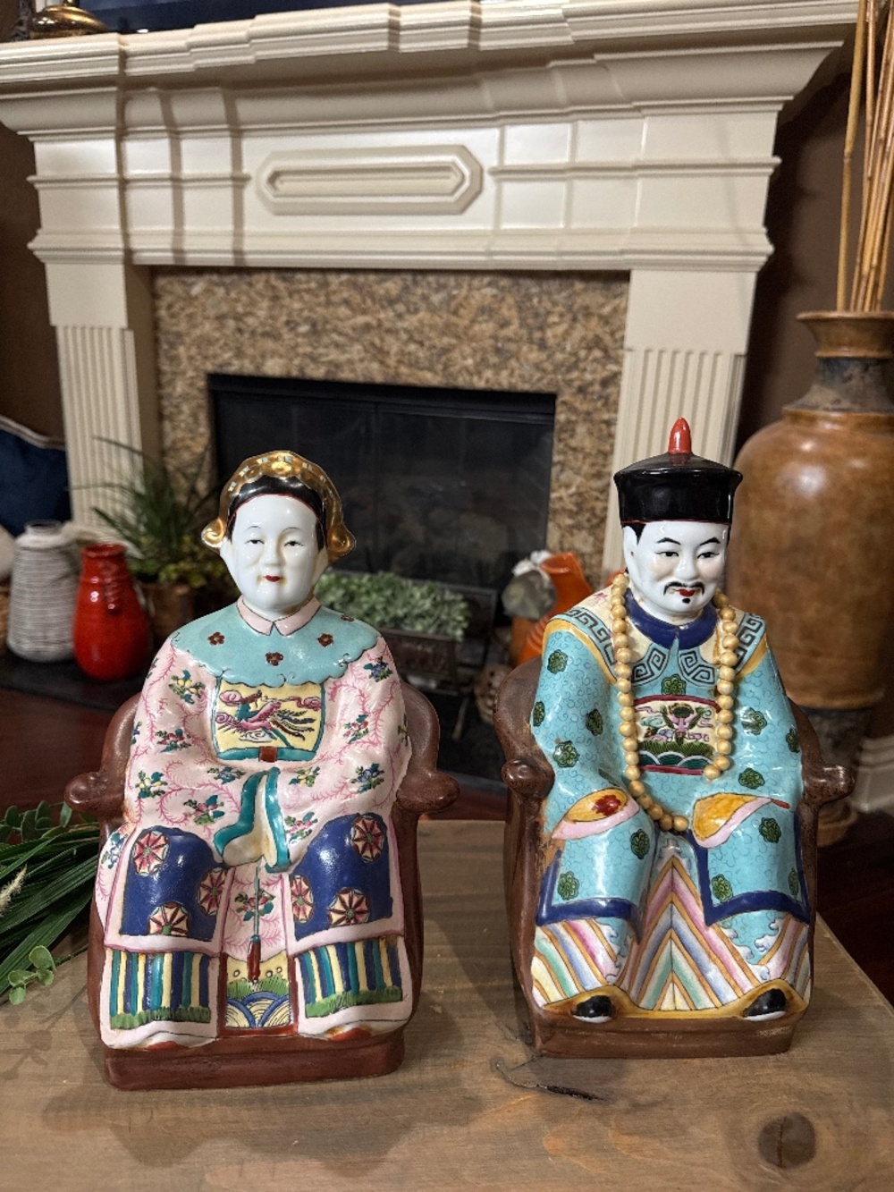 Pair of Antique Hand Painted Porcelain Chinese Emperor And Empress Statues